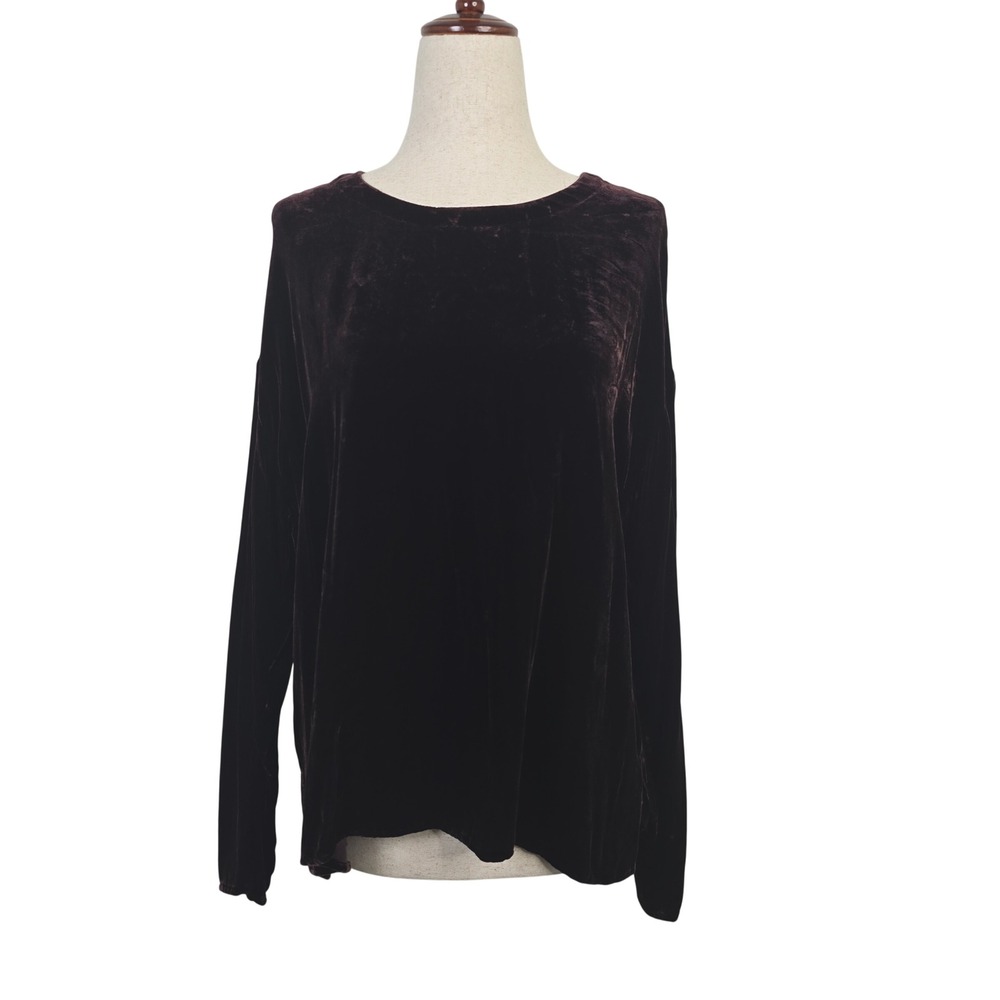 Eileen Fisher Velvet Silk Blend Top Dark Plum Purple Long Sleeve Small